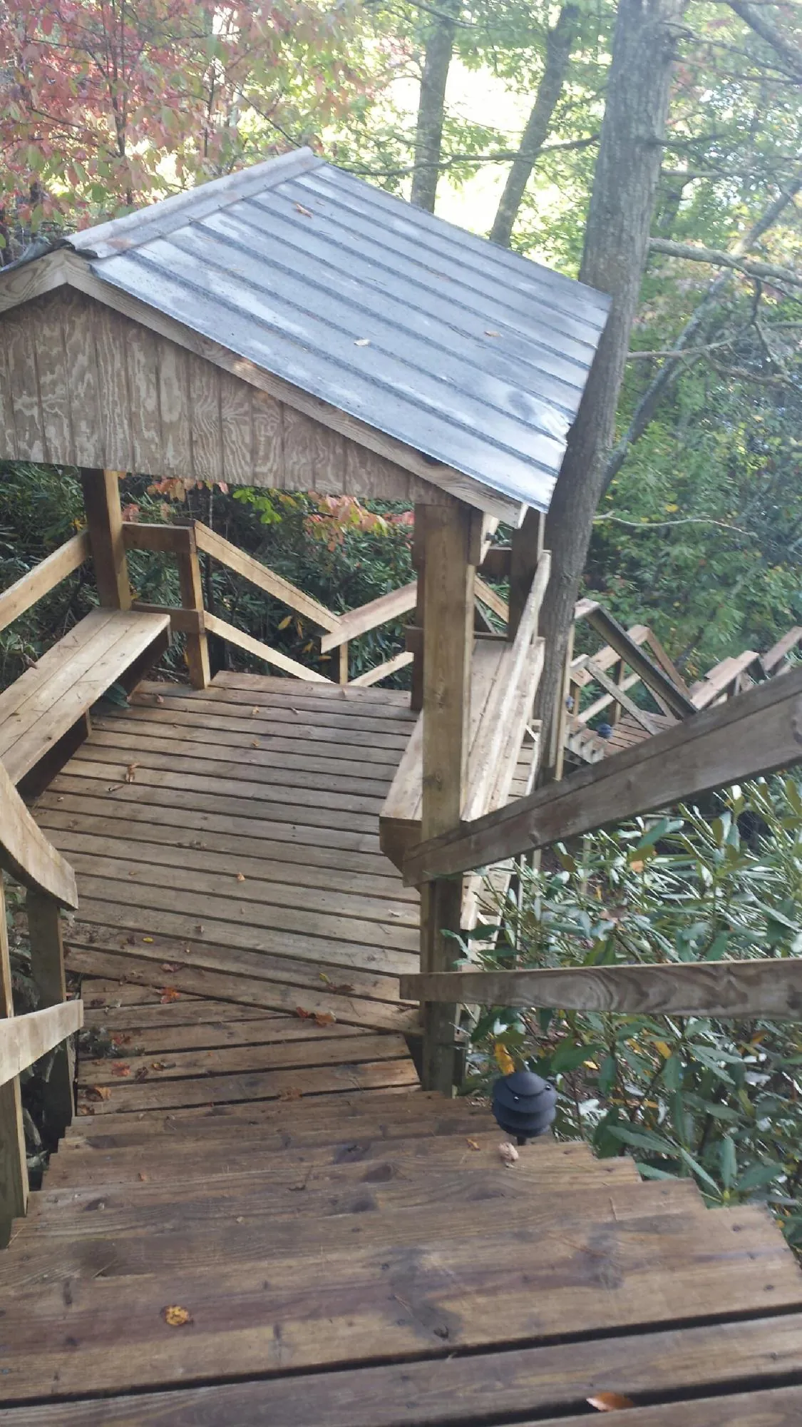 Metal roofed shelter over wooden steps on a wooded walkway — Skylight Repair & Installation work by our crew in Patton